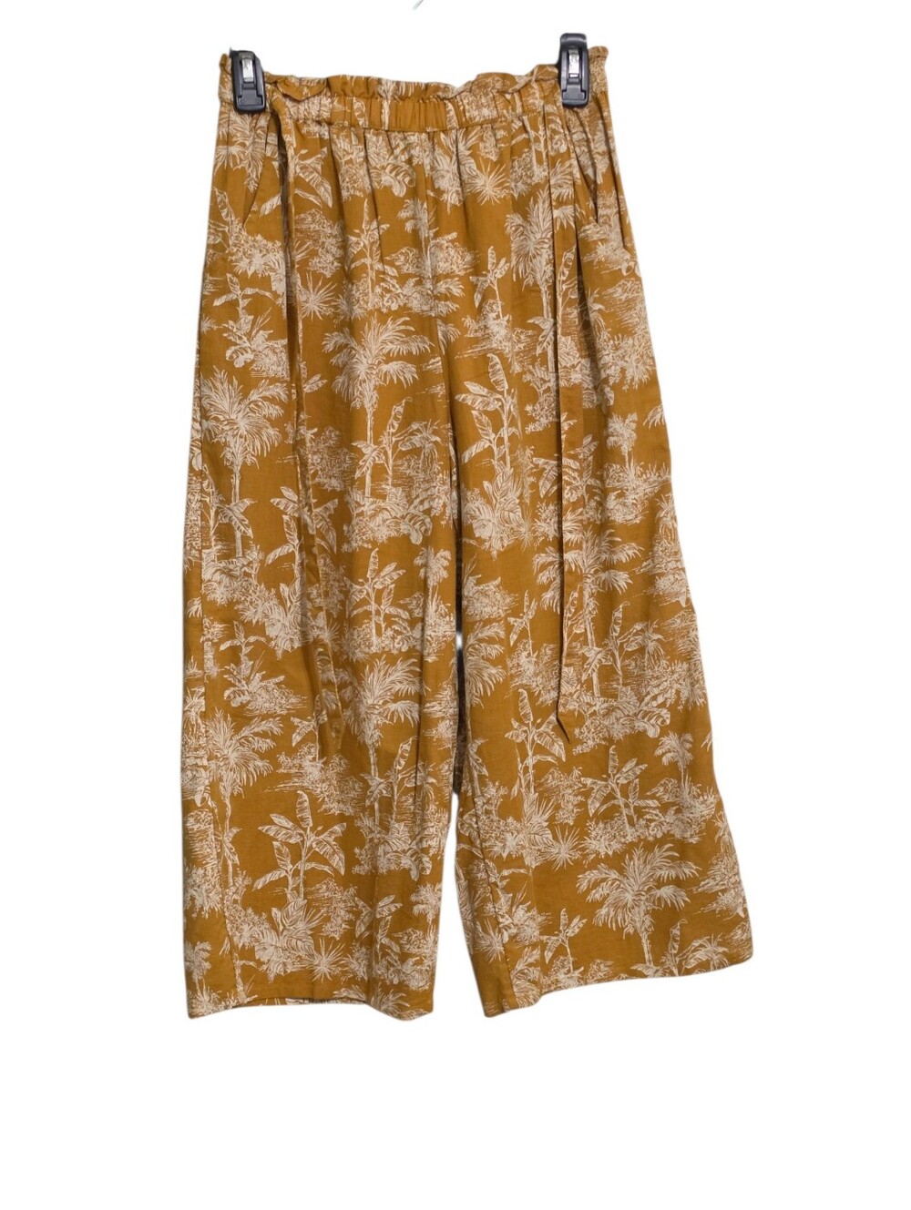 American Eagle Cotton Linen Wide Leg Crop Pants S Gold White Palm Print Pull On
